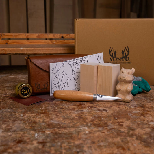 Deri Yontu Çantası - DIY02 Ayıcık Oyma Seti Hediyeli -Her Şey Dahil Ahşap Oyma (E-Kitap Hediyeli: Adım Adım Yontu101)