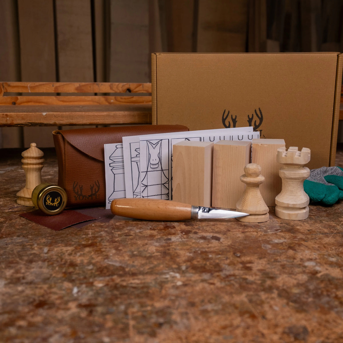 Deri Yontu Çantası - DIY05 Satranç Biblo Oyma Seti Hediyeli | 6 Şablon Seçeneği (E-Kitap Hediyeli: Adım Adım Yontu101)